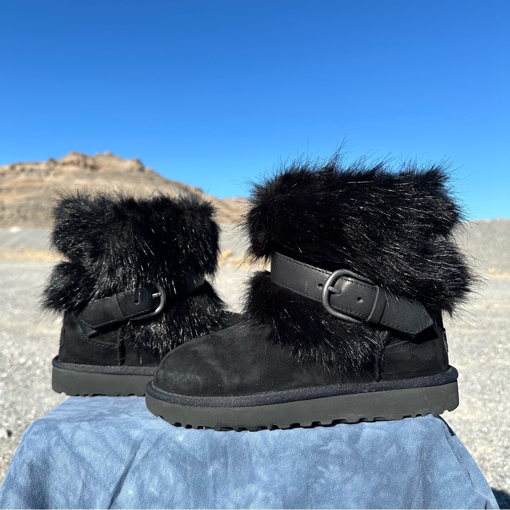 UGG Black Classic Buckle Mini Boot Suede with Faux Fur